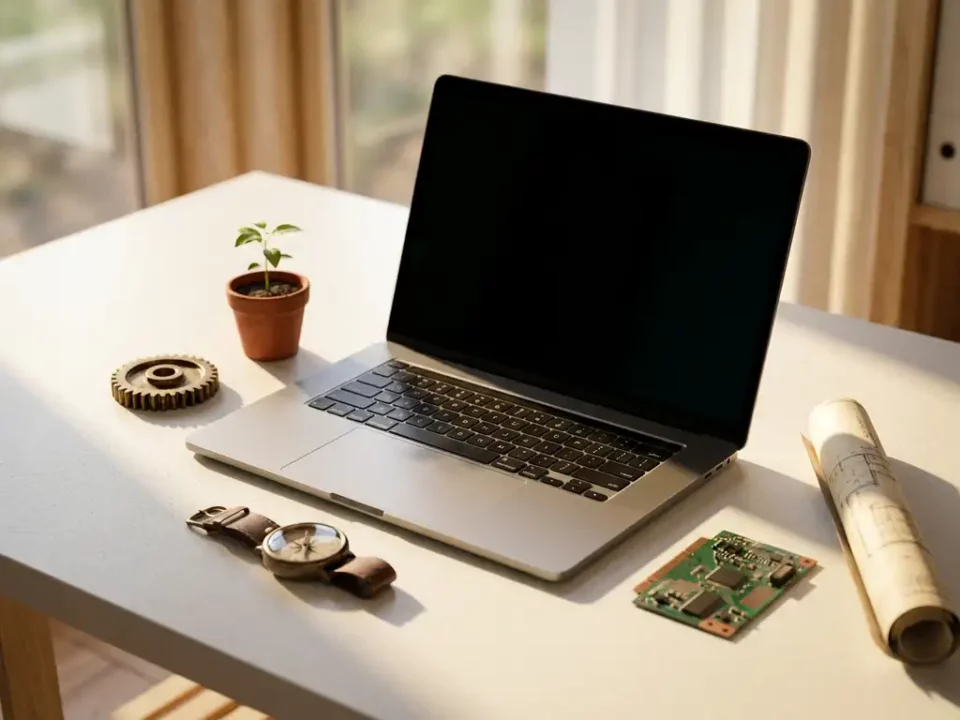 Laptop op minimalistisch wit bureau omringd door tandwiel, zaailing, kompas, printplaat en blauwdruk in warm ochtendlicht.