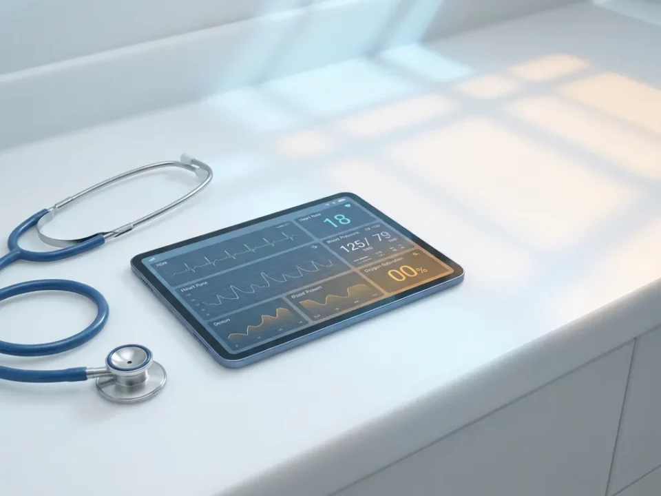 Gloeiende medische tablet met patiëntgegevens naast een stethoscoop op wit klinisch oppervlak, zachte geometrische lichtpatronen.