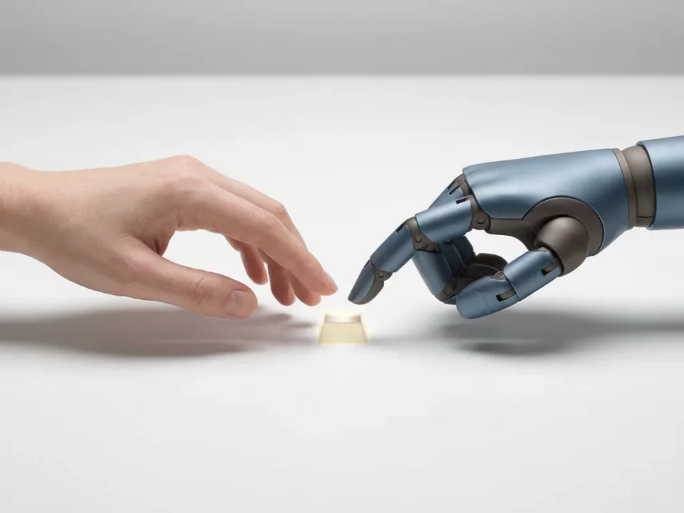 Menselijke hand en robothand reiken naar dezelfde verlichte toetsenbordtoets, symboliserend mens-AI-samenwerking.