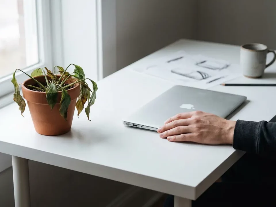 Hand naast een laptop op wit bureau, met een verwelkende plant in terracotta pot als contrast tussen mens en technologie.