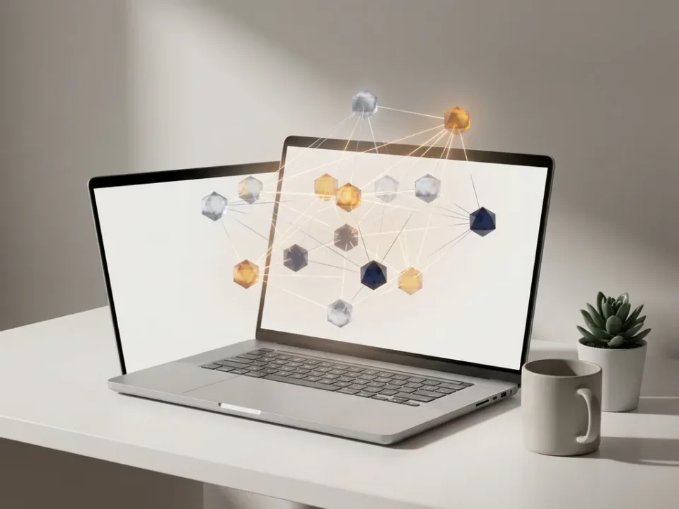 Gloeiend neuraal netwerk van geometrische nodes en verbindingslijnen op laptopscherm, strak wit bureau, koele zilver- en ambertoenen.