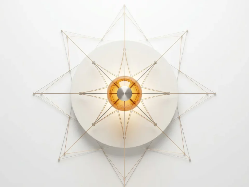 Lichtgevend neuraal knooppunt met geometrische verbindingslijnen in zilver en amber op wit oppervlak, bovenaanzicht.