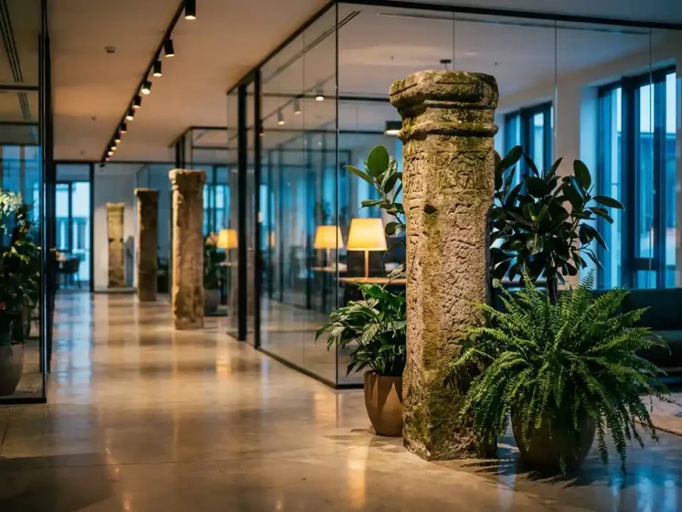 Oude stenen zuil in modern kantoor met betonnen vloer, groene planten en warme gouden tinten.