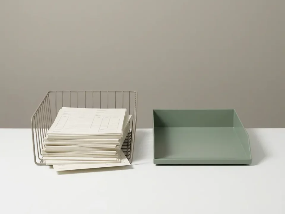 Overvolle kantoor-inbox met identieke formulieren naast een leeg, opgeruimd bakje op een wit bureau.