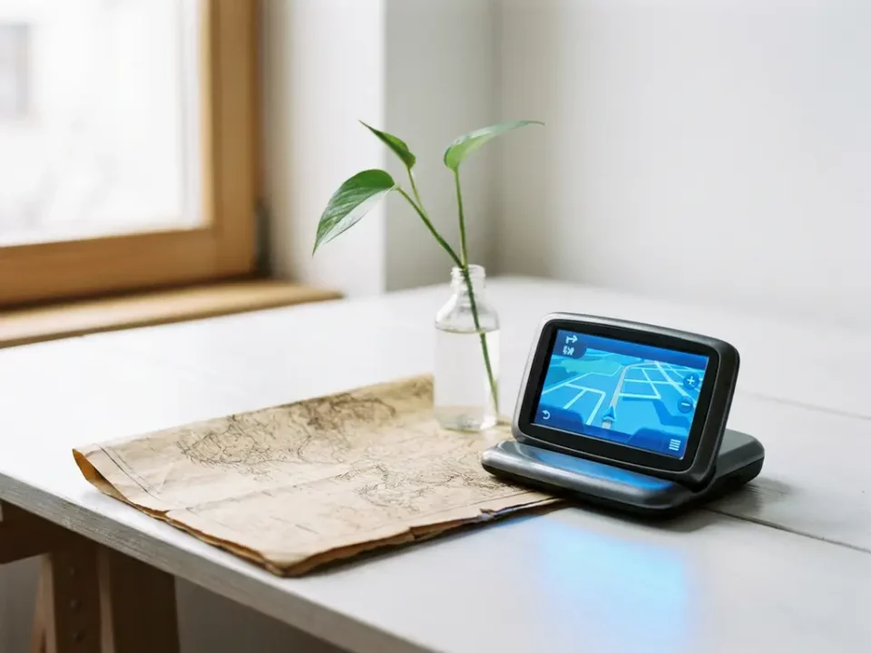 Verouderde papieren kaart naast een moderne GPS met blauw scherm op wit bureau, verlicht door zacht natuurlijk raamlicht.