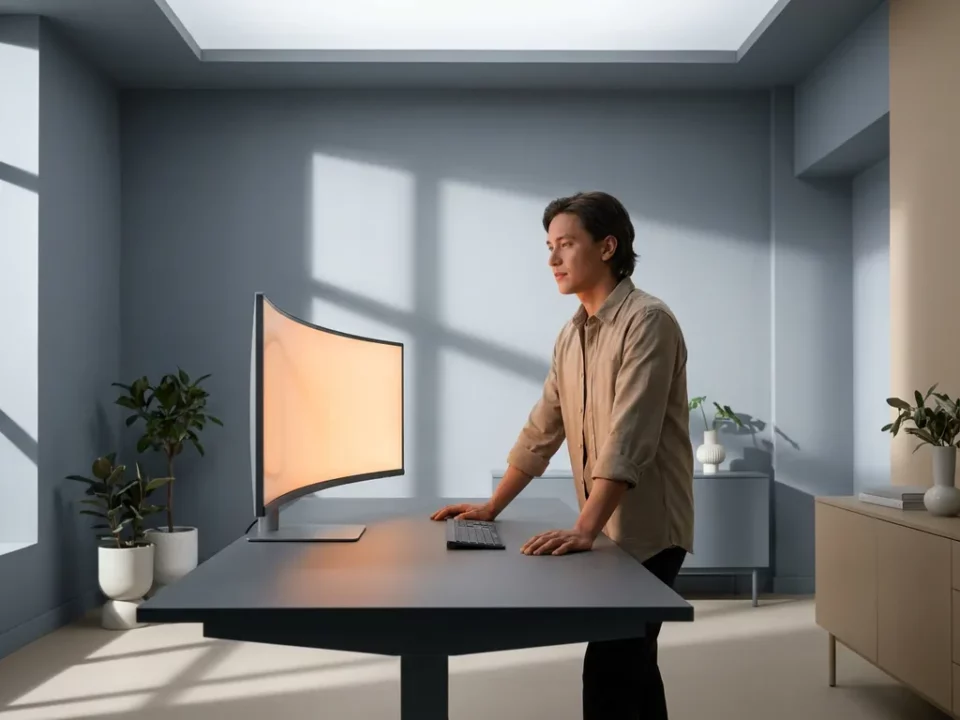 Professional die nadenkend pauzeert bij een strak werkstation met zacht gloeiend monitor in warme en grijze tinten.