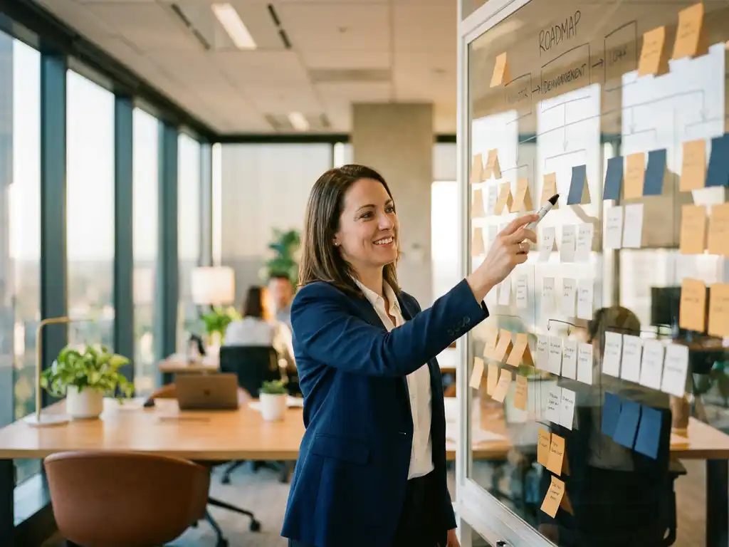 Projectleider wijst naar roadmap op glazen whiteboard met sticky notes in modern kantoor met warme houttinten en natuurlijk licht.