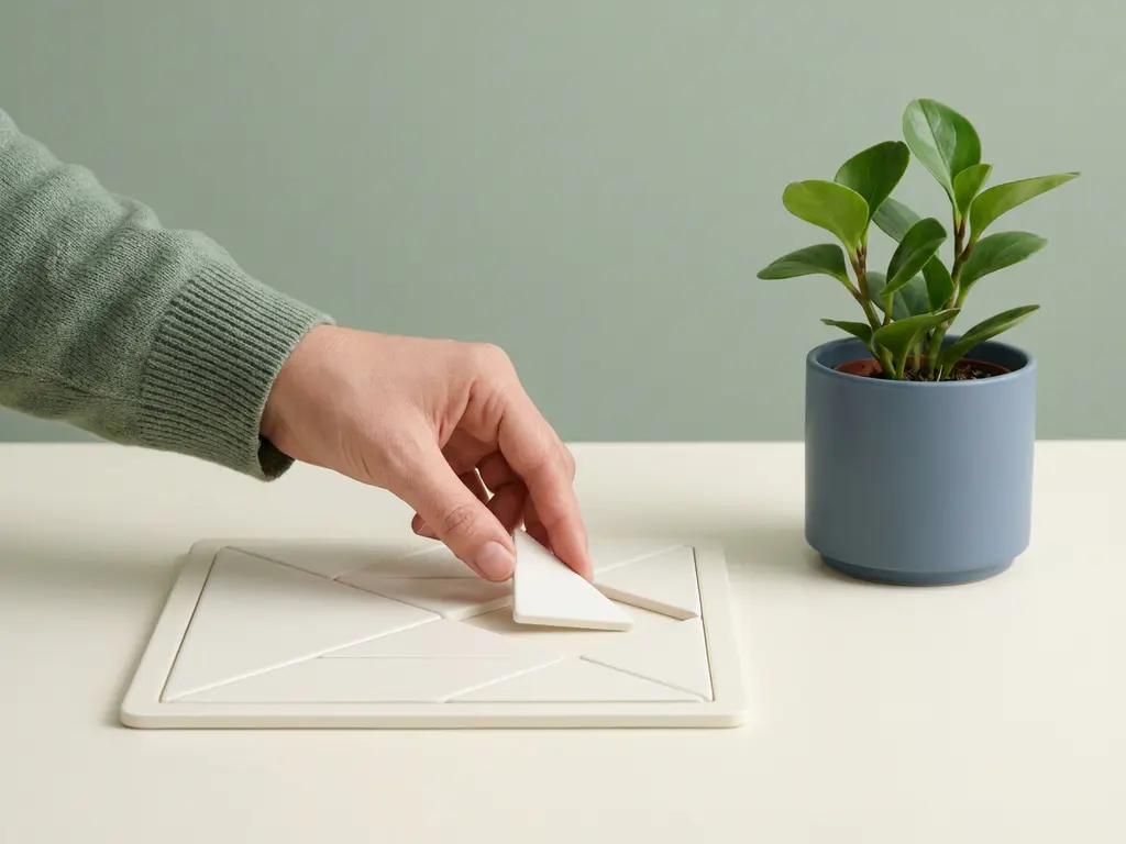 Professional die een witte puzzelstukje in een geometrisch bord plaatst, met een kleine groene plant op een minimalistische bureauondergrond.