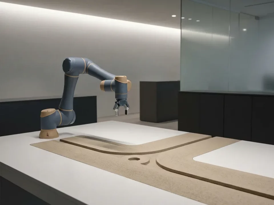Autonome robotarm boven wit bureau bij een gegraveerd kruispunt, gesymboliseerd beslissingsmoment in minimalistisch kantoor.