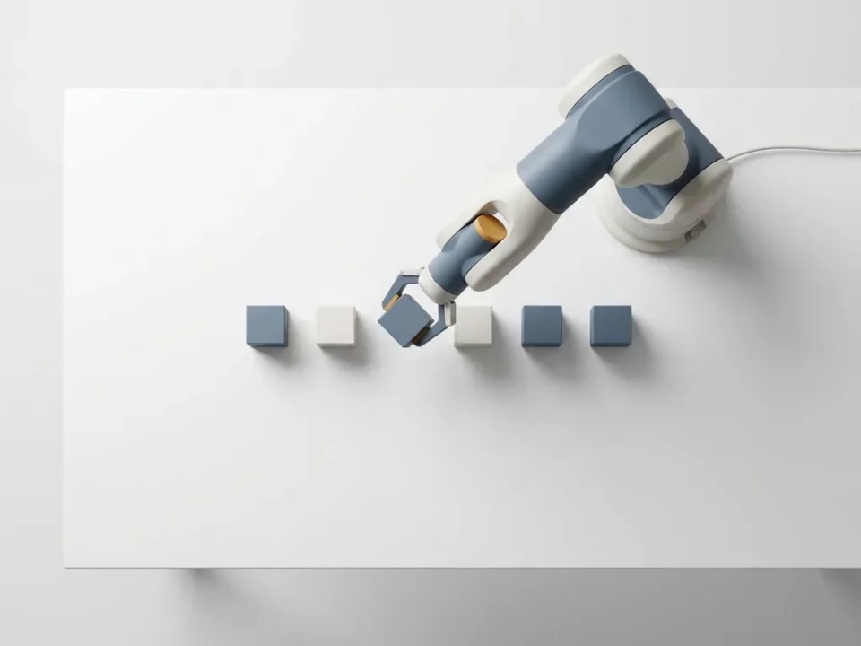 Autonome robotarm rangschikt geometrische blokken op wit bureau in blauw-witte studiobelichting, bovenaanzicht.