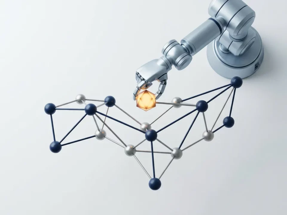 Robotarm plaatst gloeiend amberknooppunt in zwevend geometrisch netwerk van verbonden sferen op witte ondergrond.