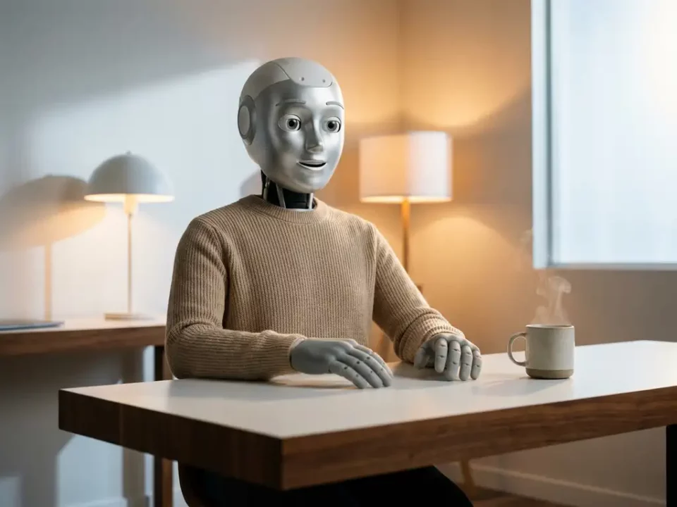 Humanoïde robot aan minimalistisch bureau met dampende koffie, in warm kantoorlicht, oog-niveau perspectief.