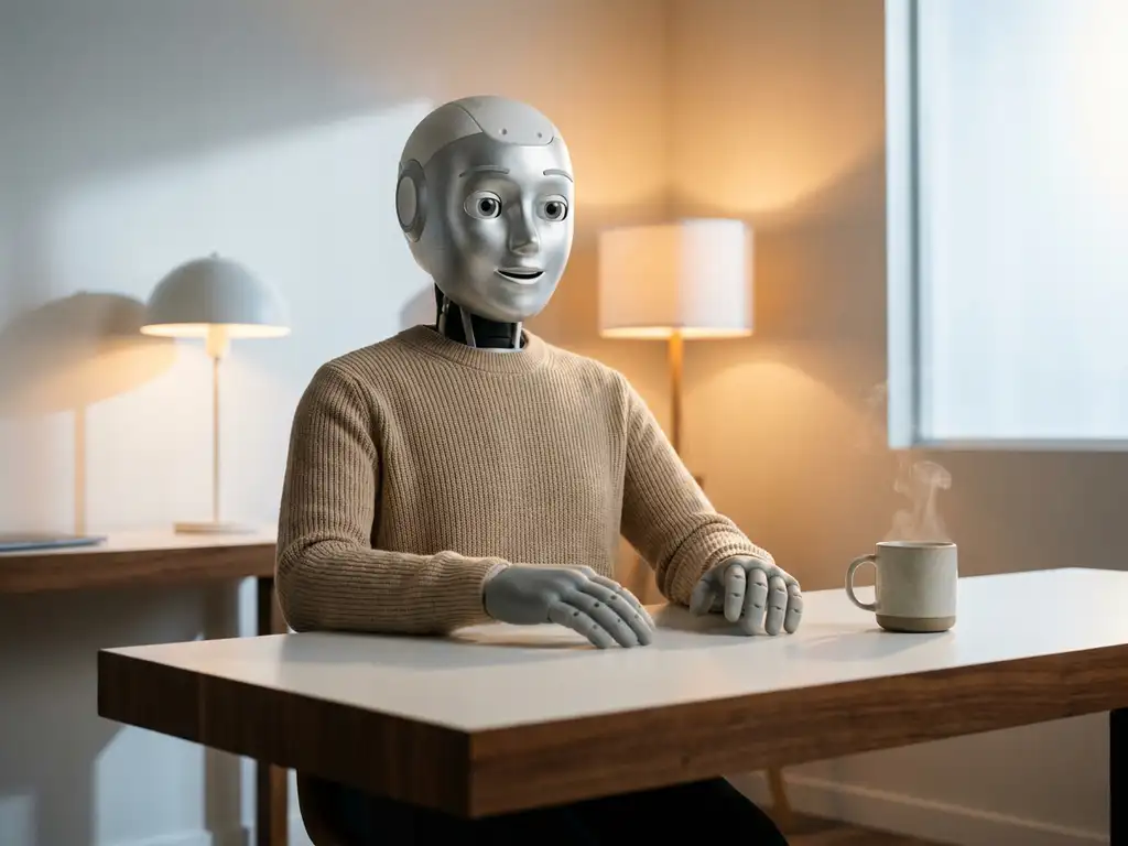 Humanoïde robot aan minimalistisch bureau met dampende koffie, in warm kantoorlicht, oog-niveau perspectief.