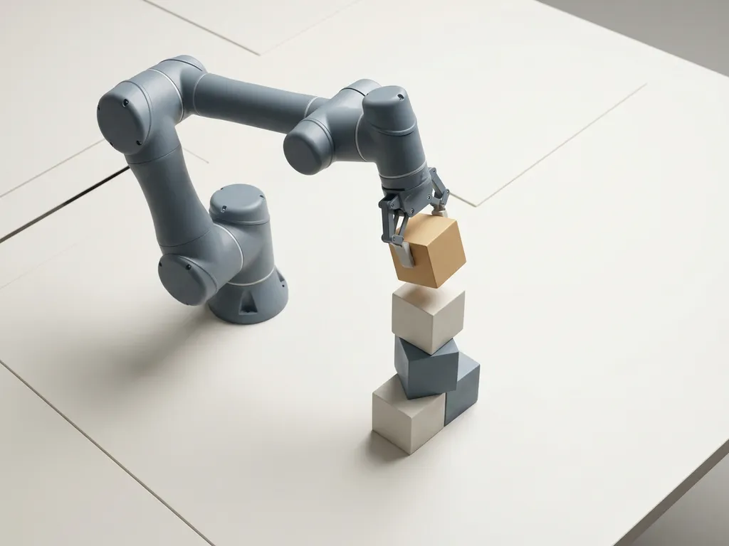 Autonome robotarm plaatst een geometrisch blok op een gebalanceerde toren, gefotografeerd vanuit driekwart bovenaanzicht in een strak wit studio-interieur.