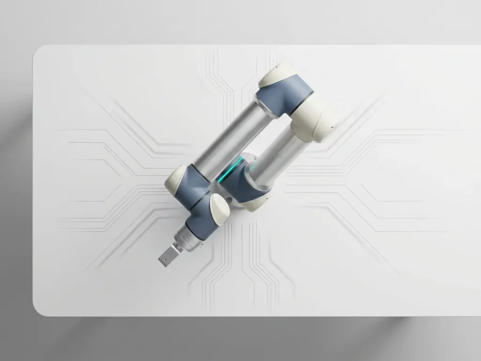 Autonome robotarm in beweging op wit bureau met geometrische circuitpatronen, gefotografeerd van bovenaf in leisteen blauw en ivoor tinten.
