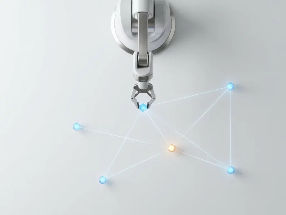 Robotarm boven wit bureau houdt gloeiend blauw netwerkknooppunt vast met één warm amber accent.