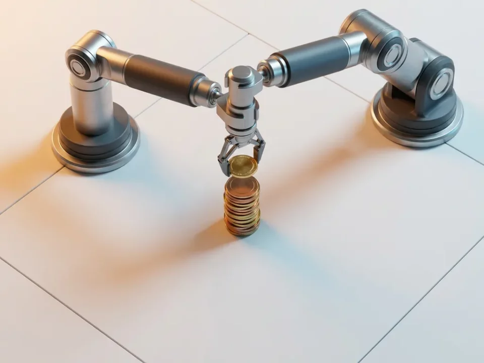 Robotarm plaatst nauwkeurig een gouden munt op een gestapelde muntkolom op een wit bureau, minimalistische 3D-render.