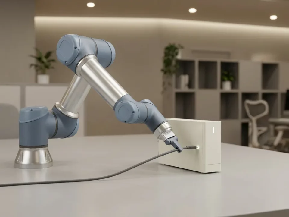 Robotarm sluit een kabel aan op een minimalistische server in een moderne low-code werkomgeving met staalblauwe en ivoorkleurige tinten.