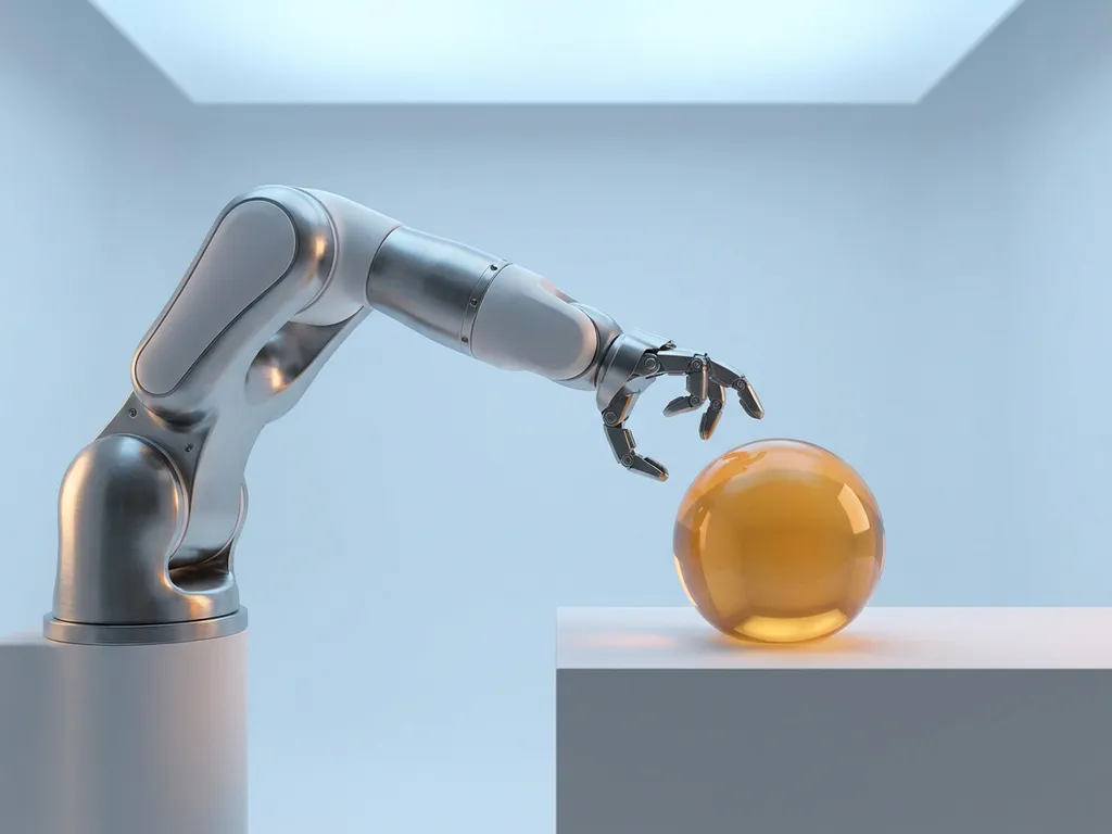 Robotarm naast een gloeiende amber bol op wit oppervlak, minimalistische compositie met koelblauwe en warme tinten.