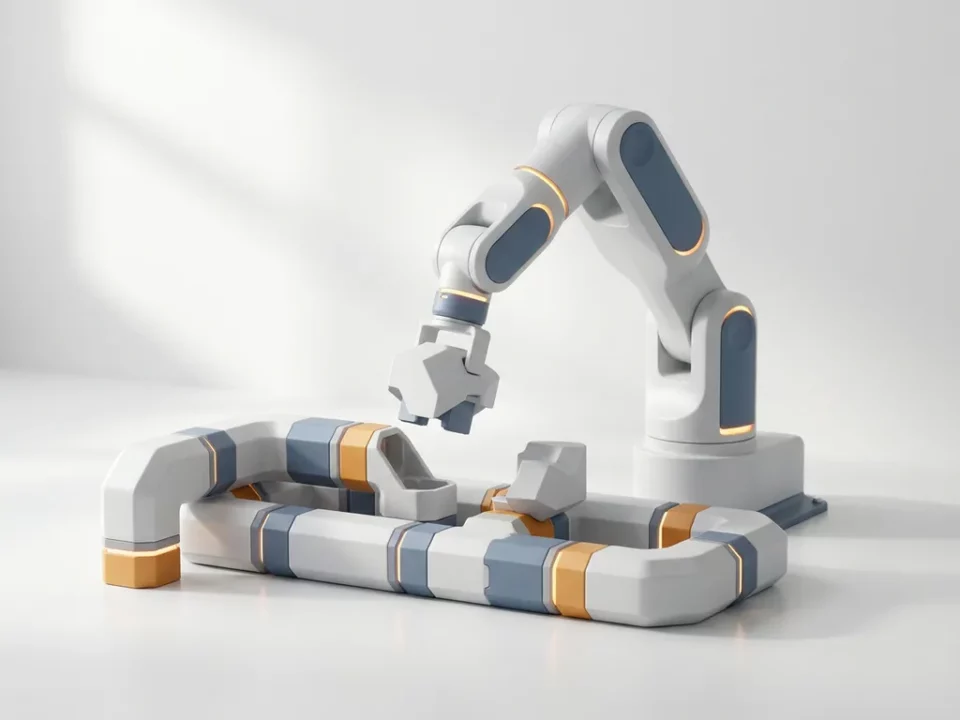 Autonome robotarm plaatst laatste component in modulair pijpleidingsysteem op wit oppervlak met leisteenblauw en amber accenten.