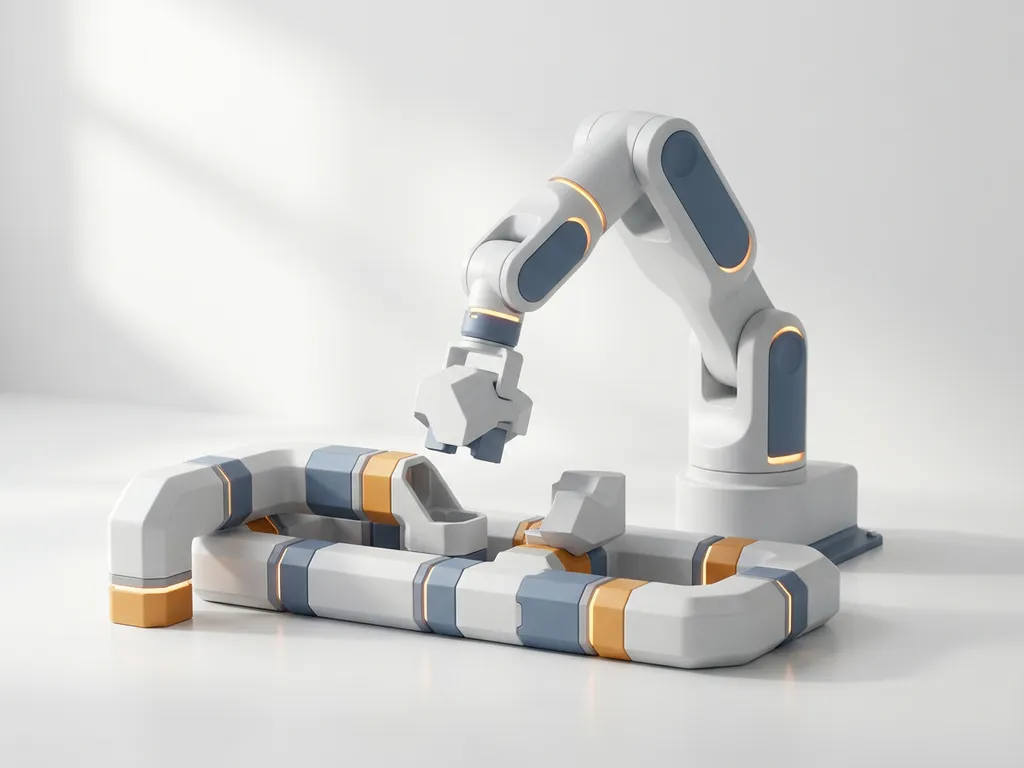Autonome robotarm plaatst laatste component in modulair pijpleidingsysteem op wit oppervlak met leisteenblauw en amber accenten.