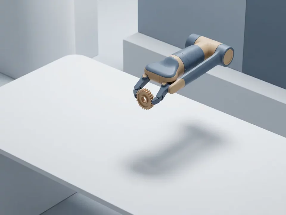 Robotarm boven wit bureau houdt klein tandwiel vast in minimalistische studio met zacht diffuus licht.