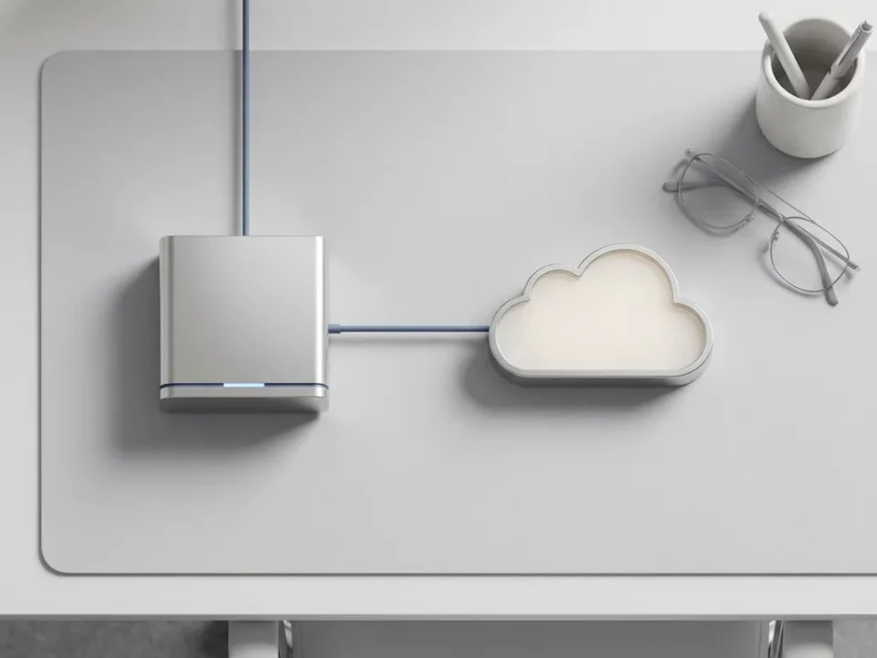 Slanke servernode verbonden met een minimale cloudvorm op lichtgrijs oppervlak, strakke geometrische lijnen, leisteenblauw en zilver palet.