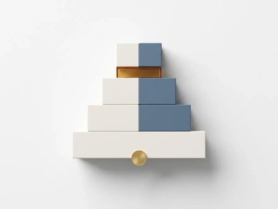 Gestapelde geometrische blokken in oplopende hoogte met een gouden munt aan de basis, symboliseren kostenniveaus en proceslagen.