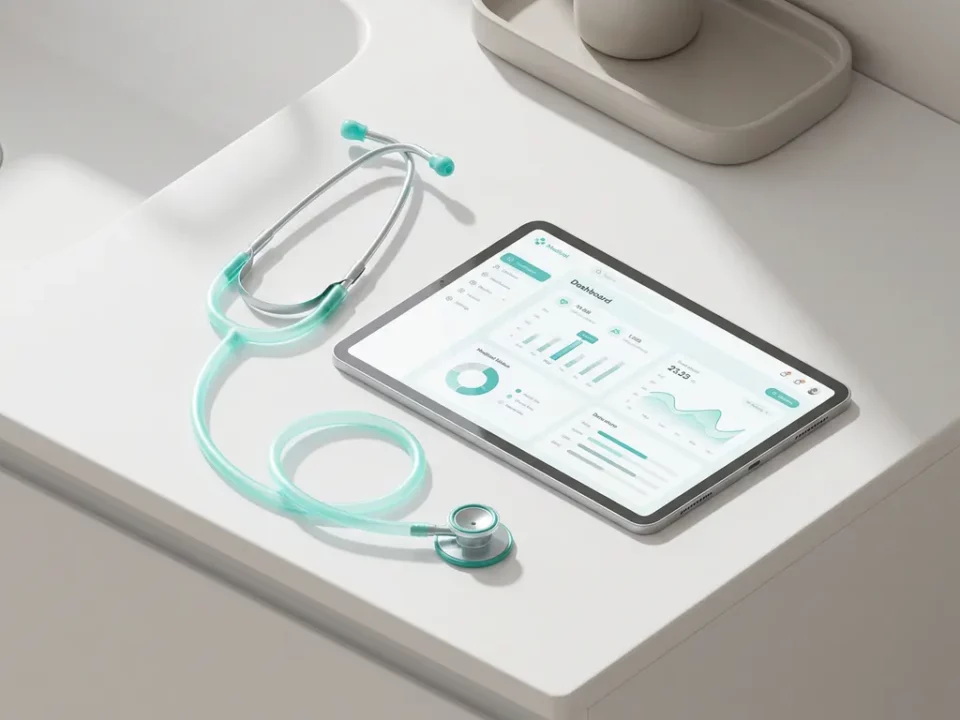 Gloeiende stethoscoop naast tablet met medisch dashboard op wit klinisch oppervlak, minimalistisch bovenaanzicht in teal en lichtgrijs.
