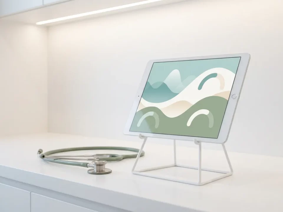 Tablet op witte klinische standaard met patiëntmonitoringdashboard, stethoscoop ernaast op wit oppervlak, rustgevende teal en witte tinten.