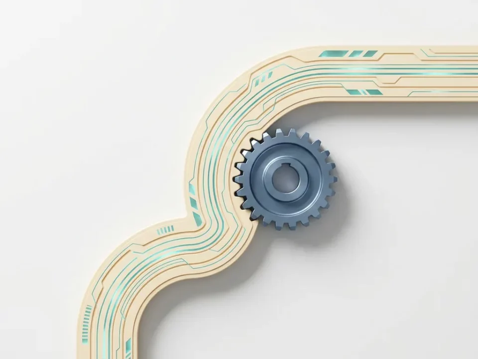 Mechanisch tandwiel dat naadloos aansluit op een modern circuit-spoor, minimalistisch bovenaanzicht in leisteenblauw en ivoor met teal accent.