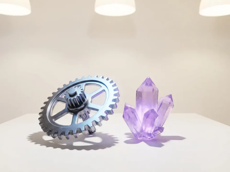 Mechanisch tandwiel naast een lichtgevende kristalstructuur op wit oppervlak, zilver en violet tinten, symboliek van logica en creativiteit.