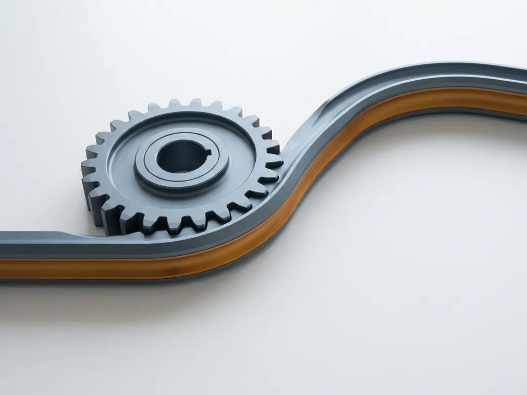 Mechanisch tandwiel dat vloeiend overgaat in een gebogen rail, symboliseert de balans tussen strakke structuur en flexibiliteit.