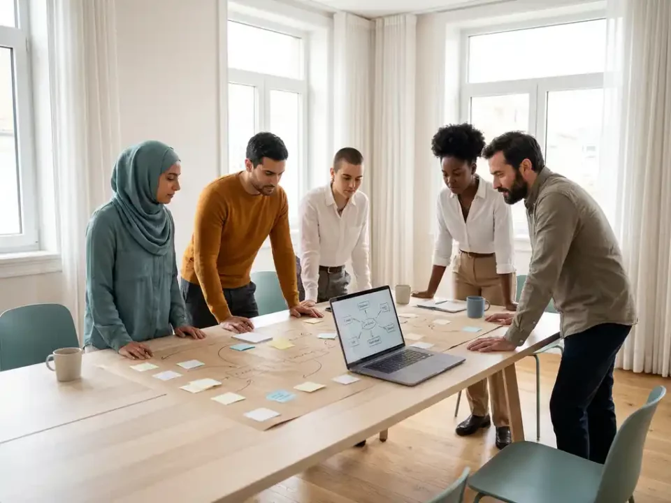 Divers team dat samenwerkt aan een procesdiagram op papier met sticky notes en laptop op een houten werktafel in een licht modern kantoor.