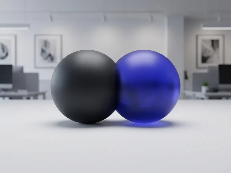 Matte antraciet bol en lichtgevend diepblauwe bol die samensmelten op wit oppervlak, symboliseert traditionele AI versus generatieve AI.