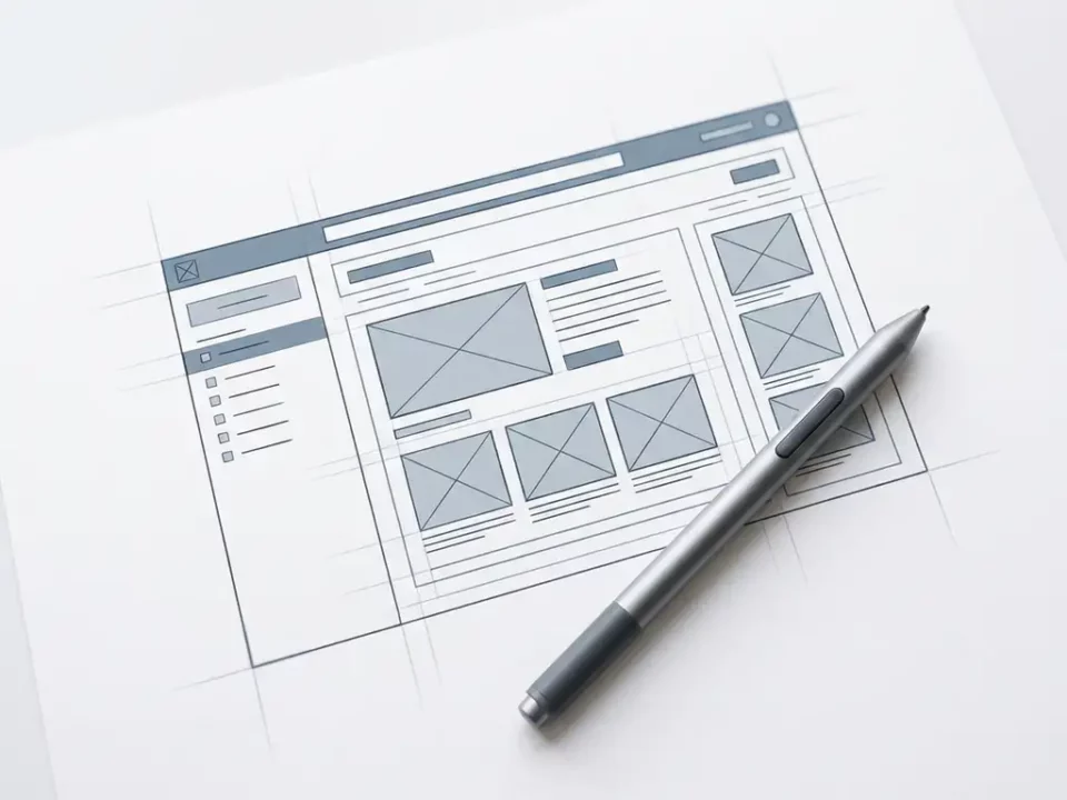 Blauwdruk-stijl wireframe van een webapplicatie op wit oppervlak met een stylus, geometrische rasterlijnen in leisteenblauw en houtskool.