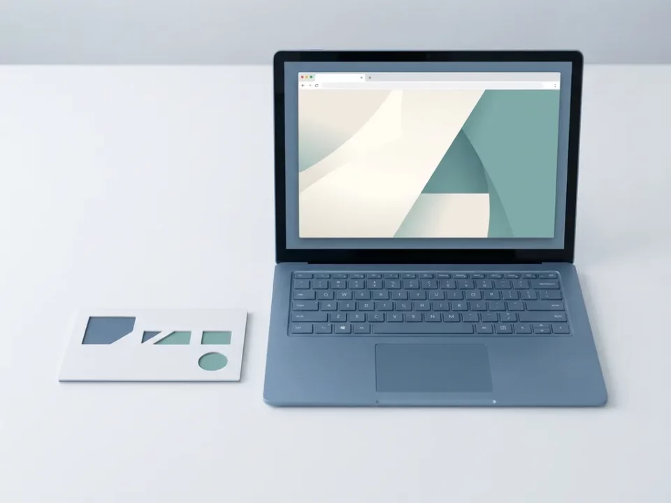 Laptop en mobiele app-interface naast elkaar op wit bureau, minimalistische werkruimte in leisteenblauw en warmwit.