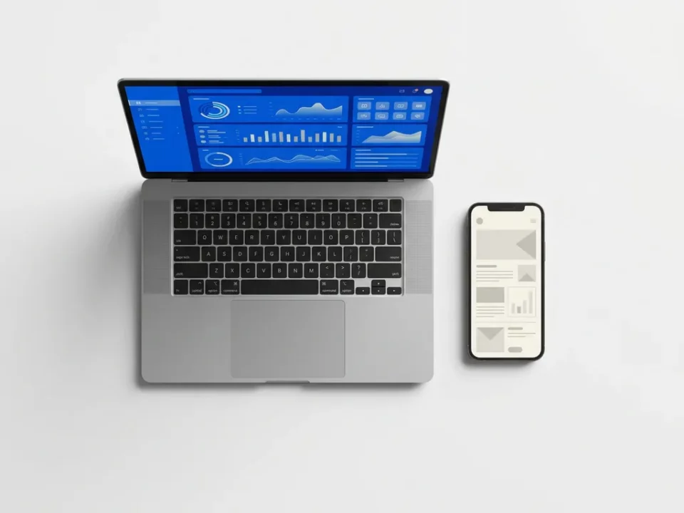 Laptop en smartphone naast elkaar op wit bureau, één scherm met dynamisch dashboard in elektrisch blauw, ander scherm met statische interface.