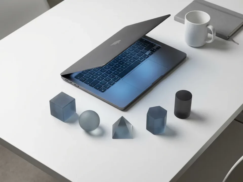 Laptop op wit bureau omringd door vijf geometrische app-iconen in een boog, modern thuiskantoor in blauw en antraciet.