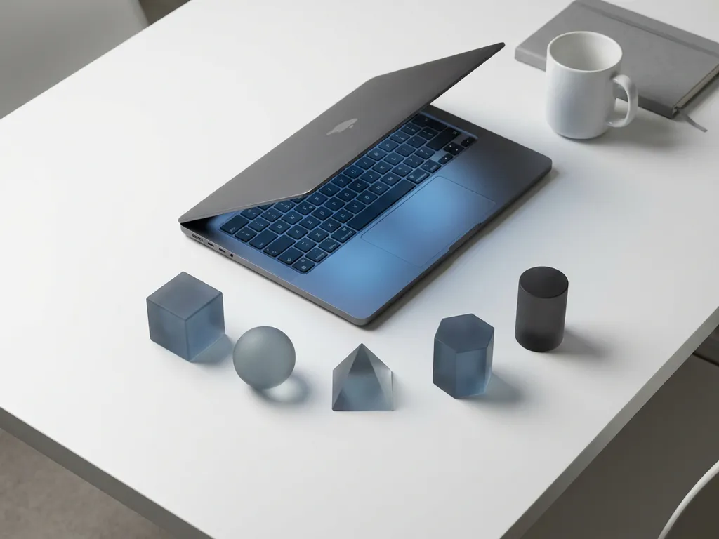 Laptop op wit bureau omringd door vijf geometrische app-iconen in een boog, modern thuiskantoor in blauw en antraciet.