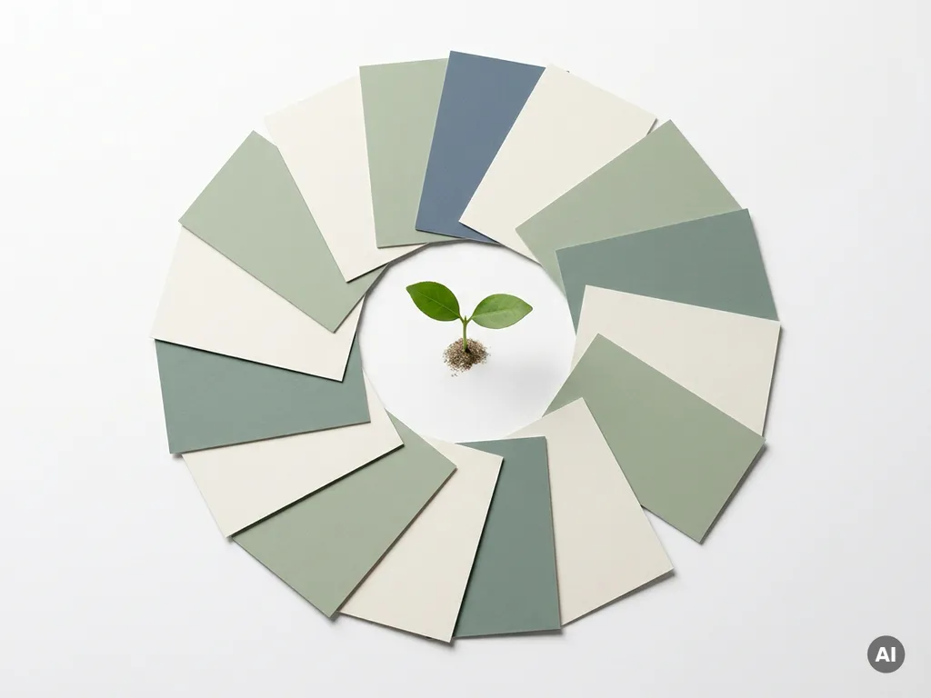 Geometrische kaarten in een cirkelvormige sprintlus met een groen zaailing in het midden, in salie groen, gebroken wit en leisteenblauw.