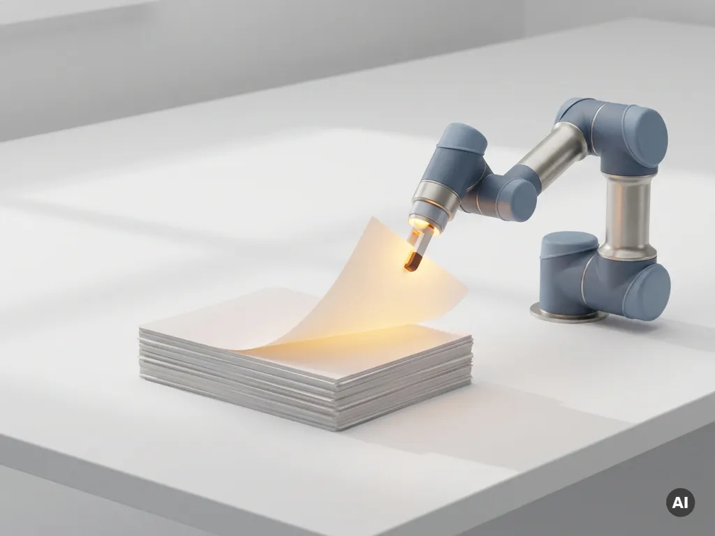Robotarm sorteert gloeiend document naast stapel papieren op wit bureau, in blauw-amberkleurig licht.
