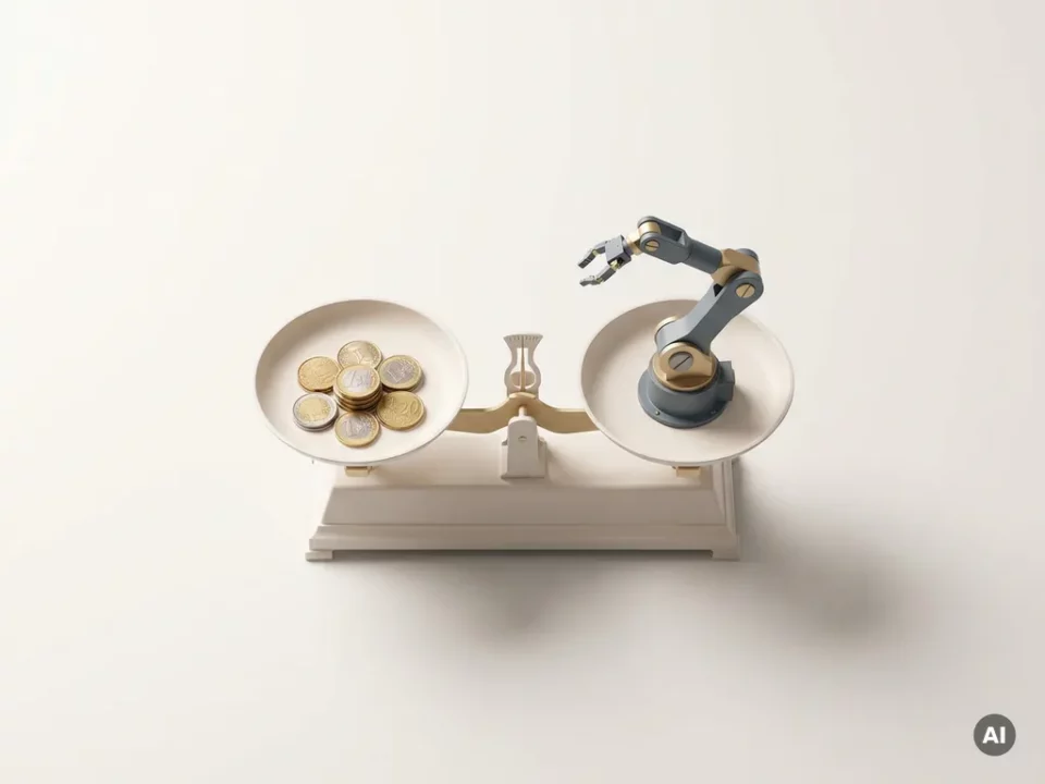 Balansweegschaal met euromuntjes tegenover een miniatuur robotarm, symboliseert kosten van automatisering, bovenaanzicht op wit bureau.