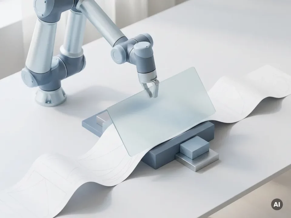 Robotarm plaatst transparant privacyschild over documentenstroom op wit bureau, symboliseert AVG-compliance en gegevensbescherming.