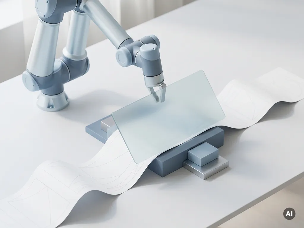 Robotarm plaatst transparant privacyschild over documentenstroom op wit bureau, symboliseert AVG-compliance en gegevensbescherming.