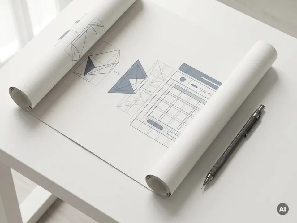 Architectuurblueprint op wit bureau met geometrische wireframe-lagen van eenvoudige vormen naar webinterface, potlood ernaast.