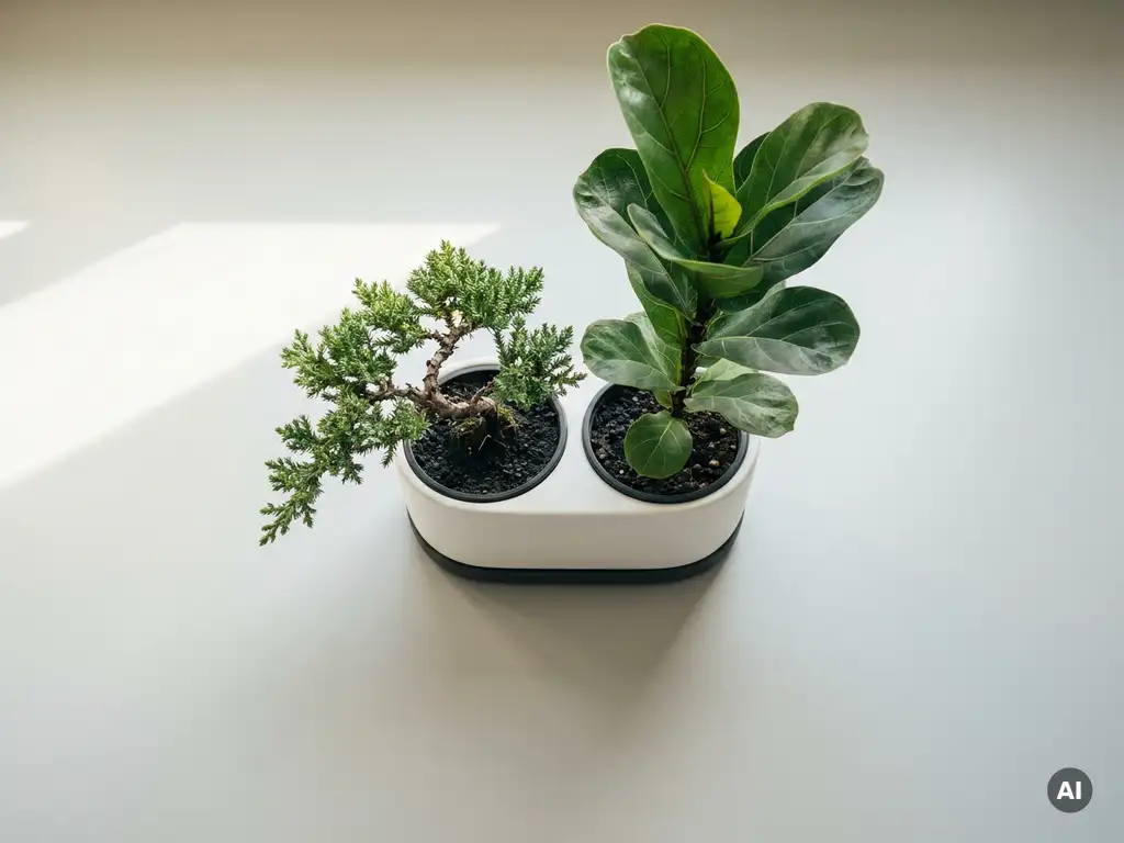 Miniatuur bonsaiboom en grote kantoorplant in witte keramieken pot op bureau, zacht natuurlijk zijlicht.