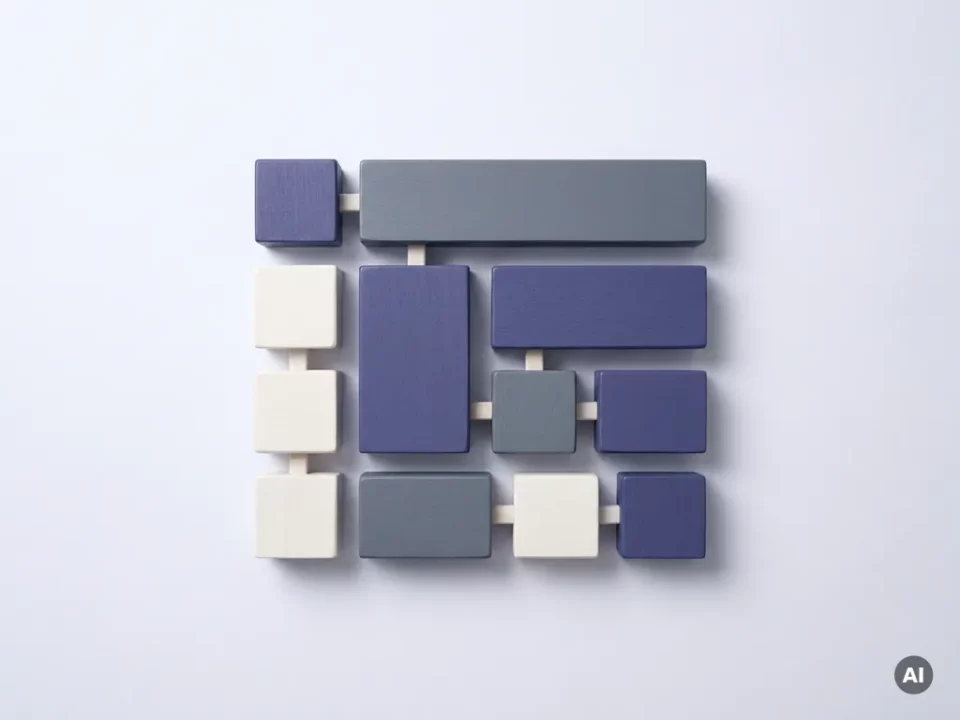Geometrische blokken in indigo en grijs gerangschikt als minimalistische webinterface-lay-out op wit oppervlak.