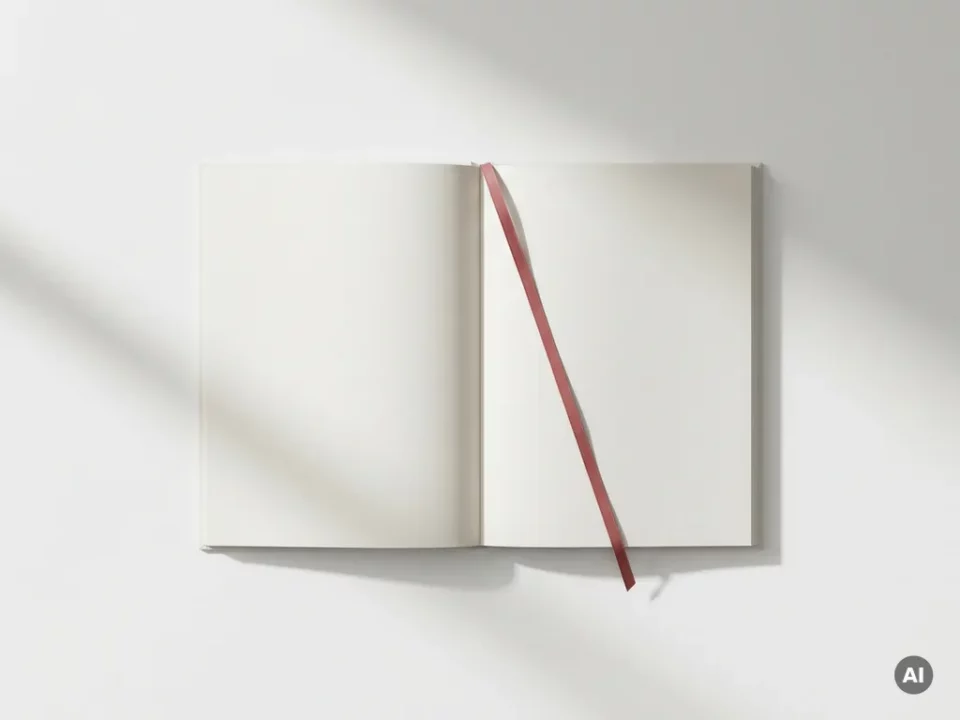 Open certificeringsbundel op wit bureau met rood lint als boekenlegger, minimalistisch bovenaanzicht met zachte schaduwen.