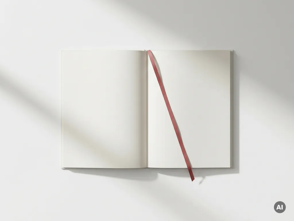 Open certificeringsbundel op wit bureau met rood lint als boekenlegger, minimalistisch bovenaanzicht met zachte schaduwen.
